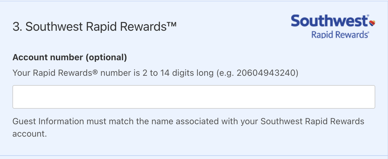 Adding account number to Southwest Hotels booking.